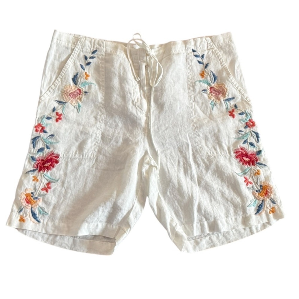 Johnny Was Los Angeles Womens Sz S White Floral Embroidered Linen Bermuda Shorts